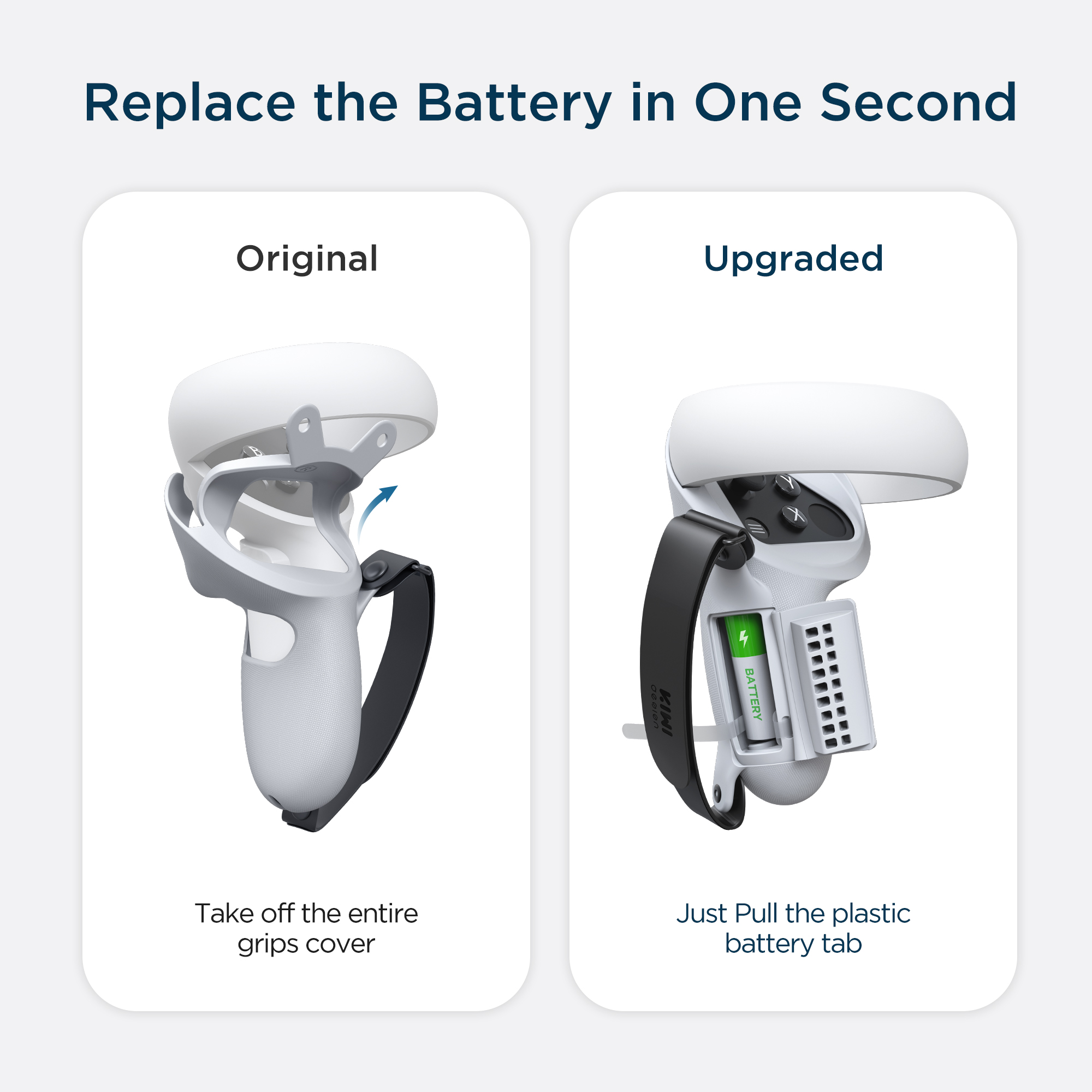 Replace the Battery in One Second  Original  Take off the entire grips cover  Upgraded  Just Pull the plastic battery tab
