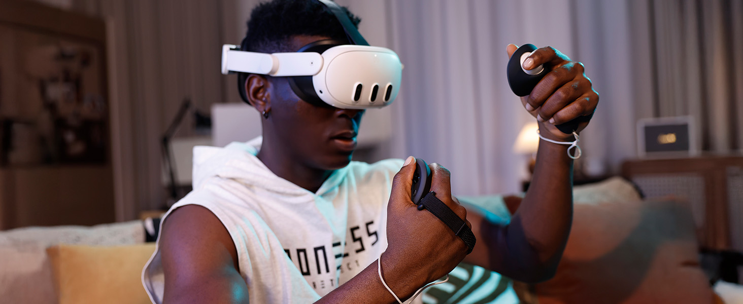 A person enjoying virtual reality experience with KIWI design G4 Pro in a stylishly decorated room.