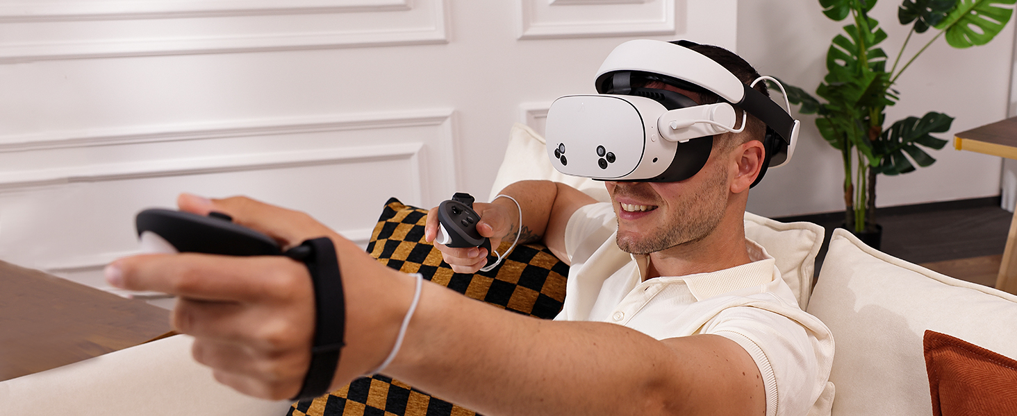 Person experiencing virtual reality technology at home.