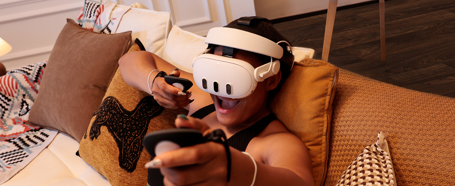 Person experiencing virtual reality technology at home.