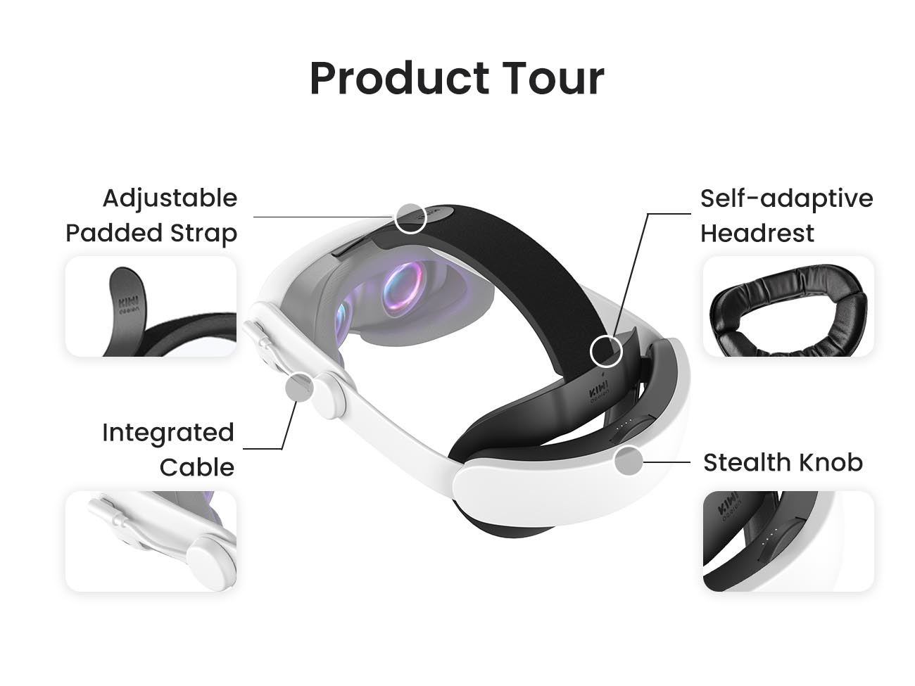Product Tour  Adjustable Padded Strap  Integrated Cable  Self-adaptive Headrest  Stealth Knob