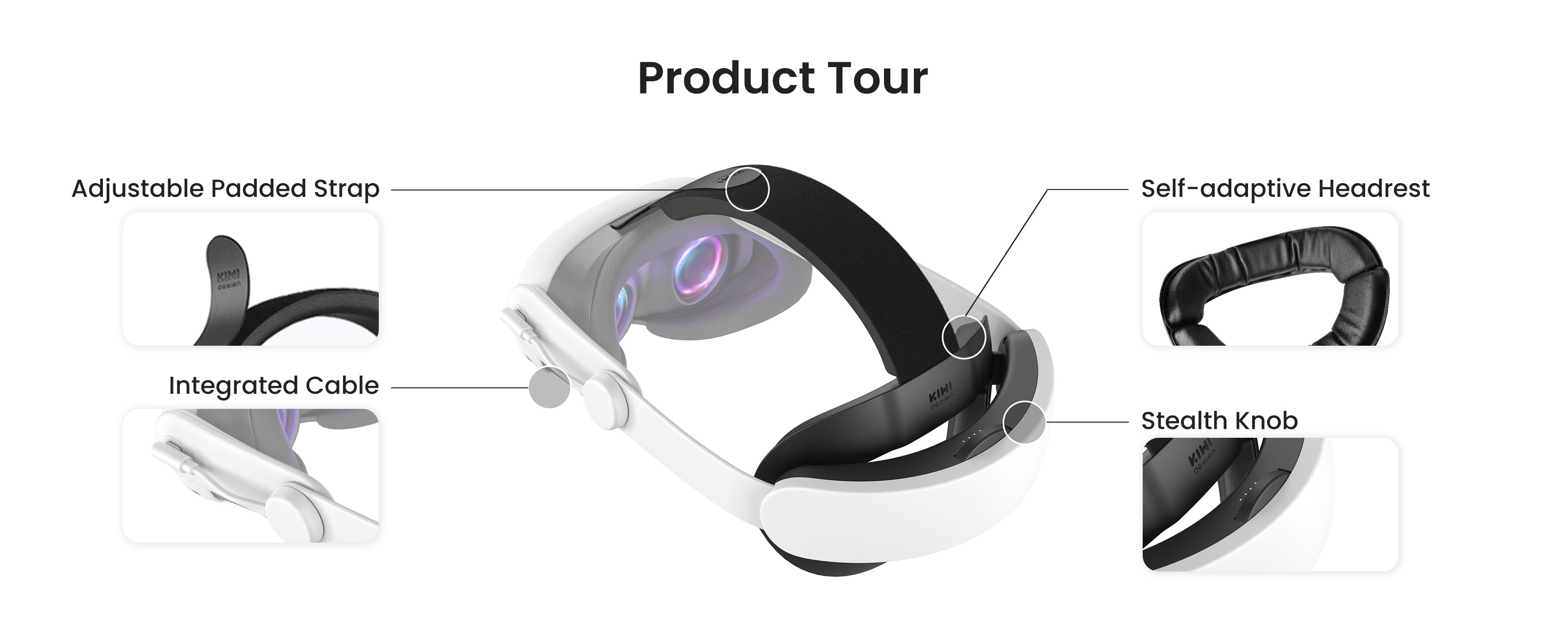 Product Tour  Adjustable Padded Strap  Integrated Cable  Self-adaptive Headrest  Stealth Knob