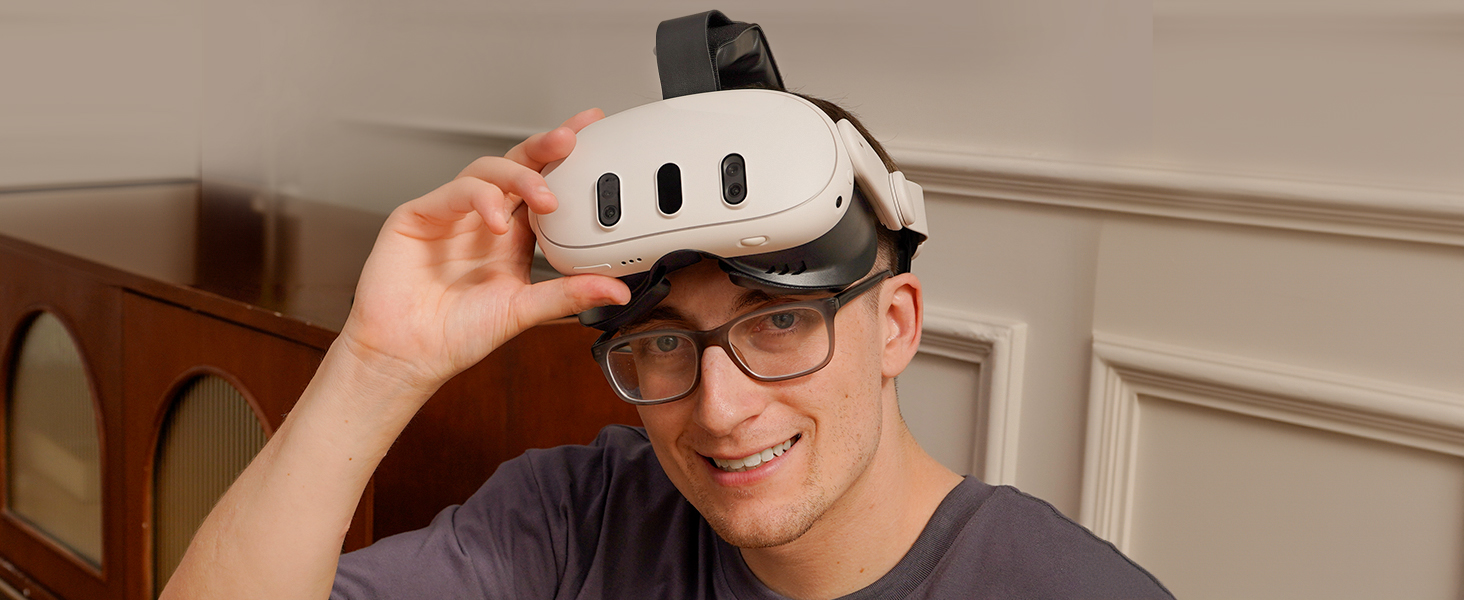 A person experiencing virtual reality with V3 Facial Interface in a modern, stylishly decorated room.