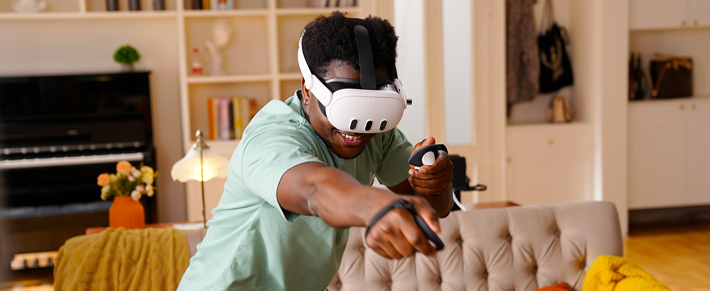 A person immersed in virtual reality using V3 Facial Interface in a contemporary, stylishly decorated setting.